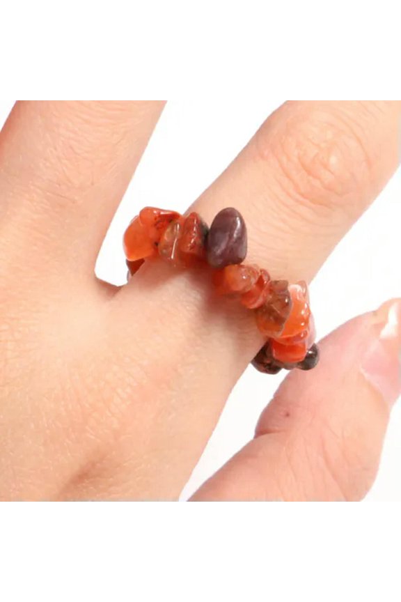Natural Gemstone Irregular Crushed Gravel Chip Beads Adjustable Stretchy Ring-Red Agate