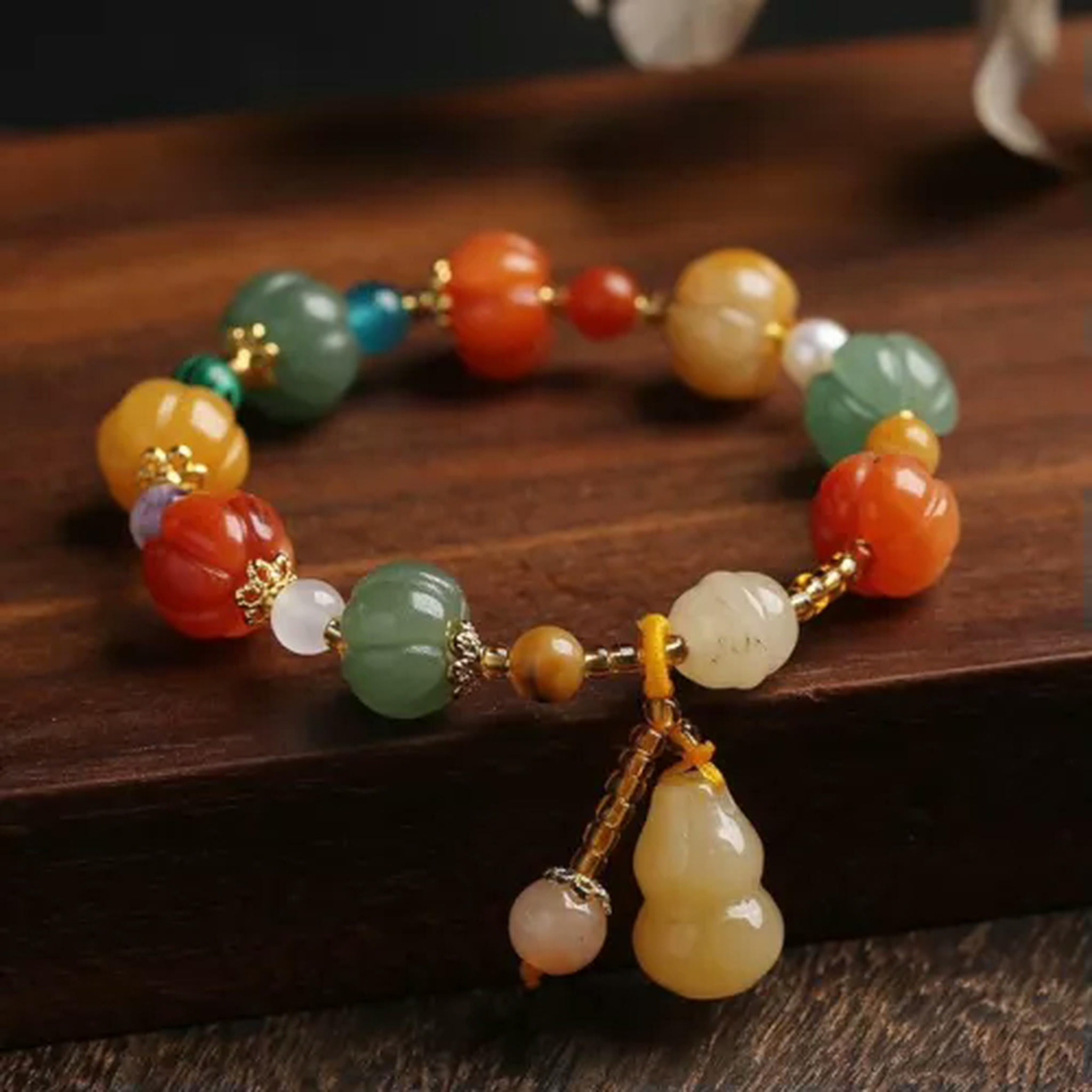 EOEMY Natural Gold Jade Pumpkin Beads Beaded Bracelets For Women Lady Gourd Pendant-Gourd