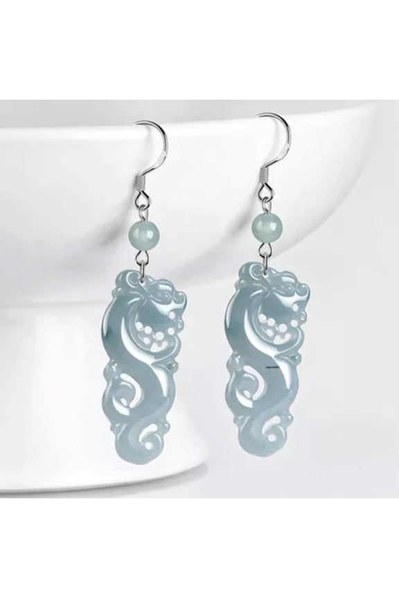 Natural Grade A Jade Jadeite 925 Sterling Silver Women Dragon Dangle Earrings