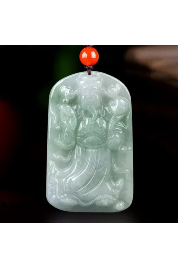 Natural Grade A Jade Jadeite Bless Lucky God Of Fortune Wealth Oblong Pendant