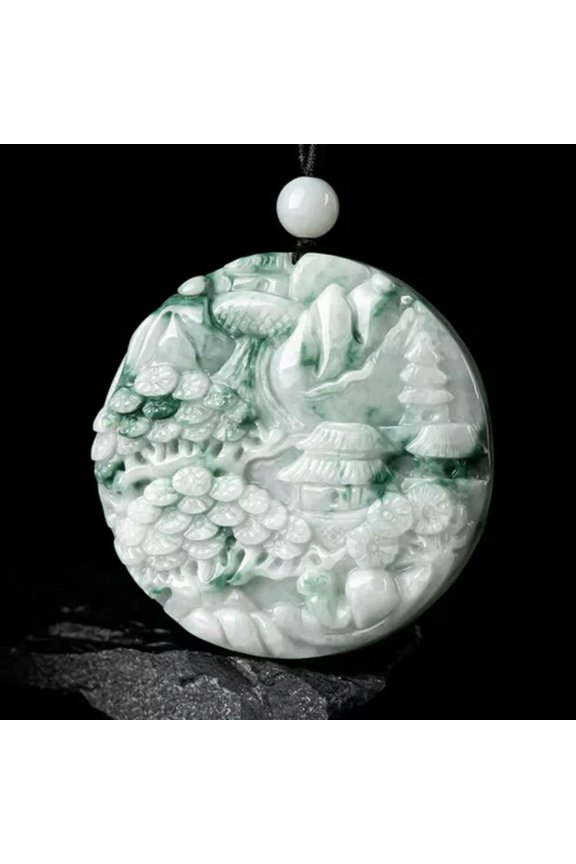 Natural Grade A Jade Jadeite Men Women Mountain Tree Floating Round Pendant