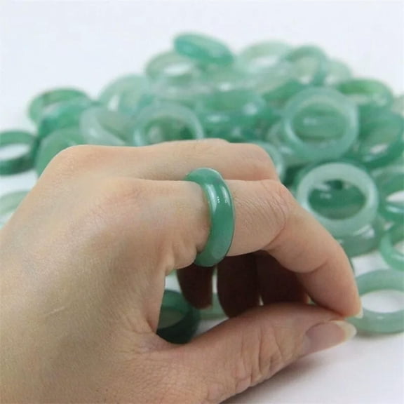 EOEMY Natural Green Aventurine Jade Quartz Crystal Agate Round Finger Band Rings Reiki