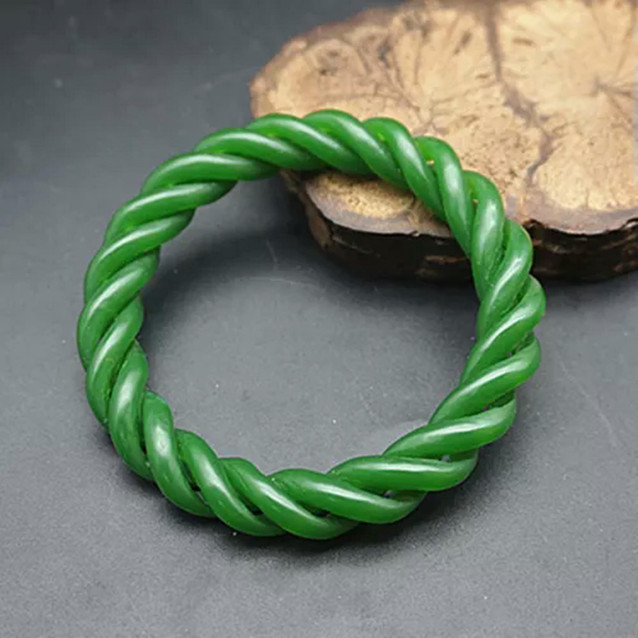 EOEMY Natural Green Jade Jasper Bangle Women Lucky Spiral Twist Bracelet
