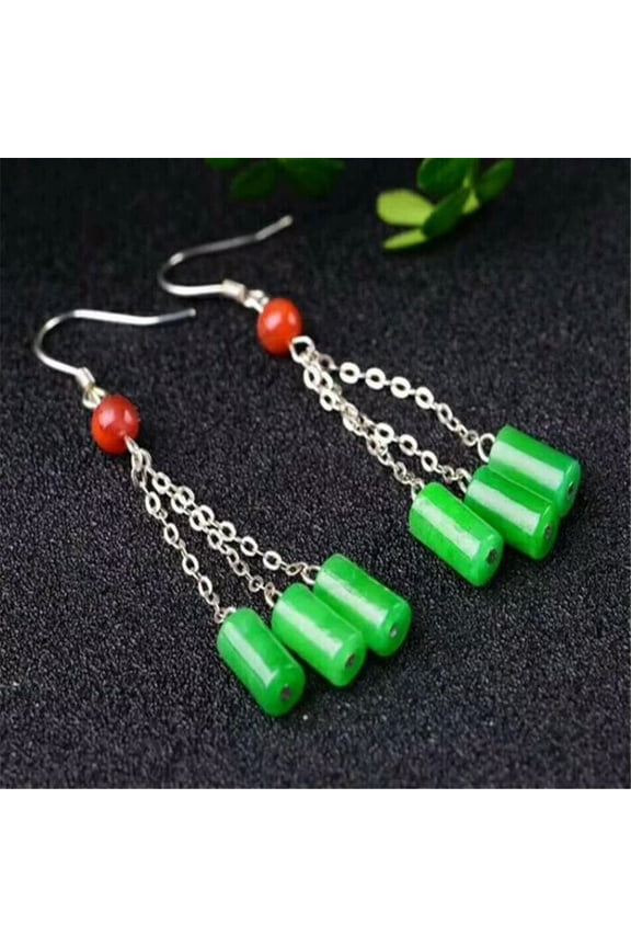 Natural Green Jadeite Earrings Dangle 18Kgp Chain Ms Gift Ear Stud Accessories