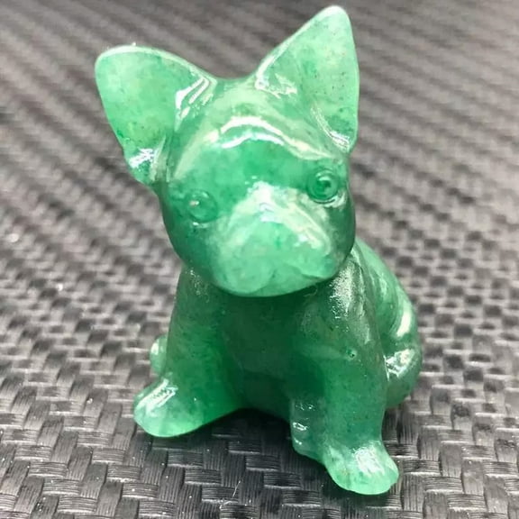 EOEMY Natural Green Strawberry Quartz Crystal French Bulldog Carved Reiki Puppy Decor