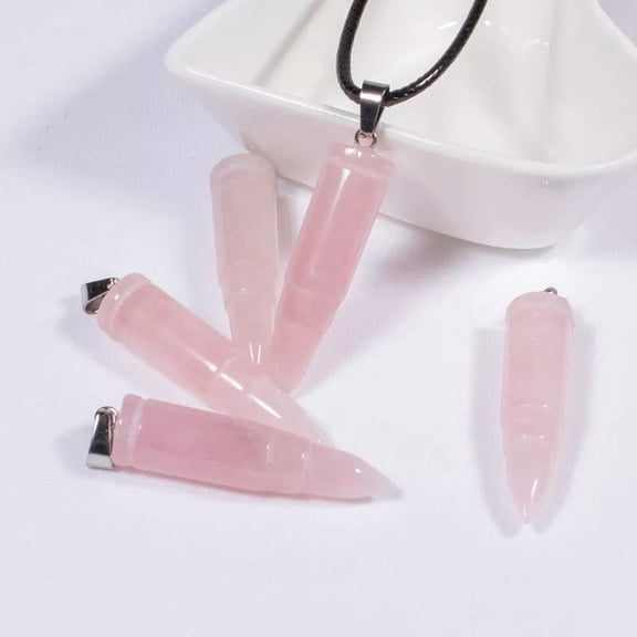 EOEMY Natural Pink Rose Quartz Crystal Bullet Pendant Healing Gemstone Necklace Amulet