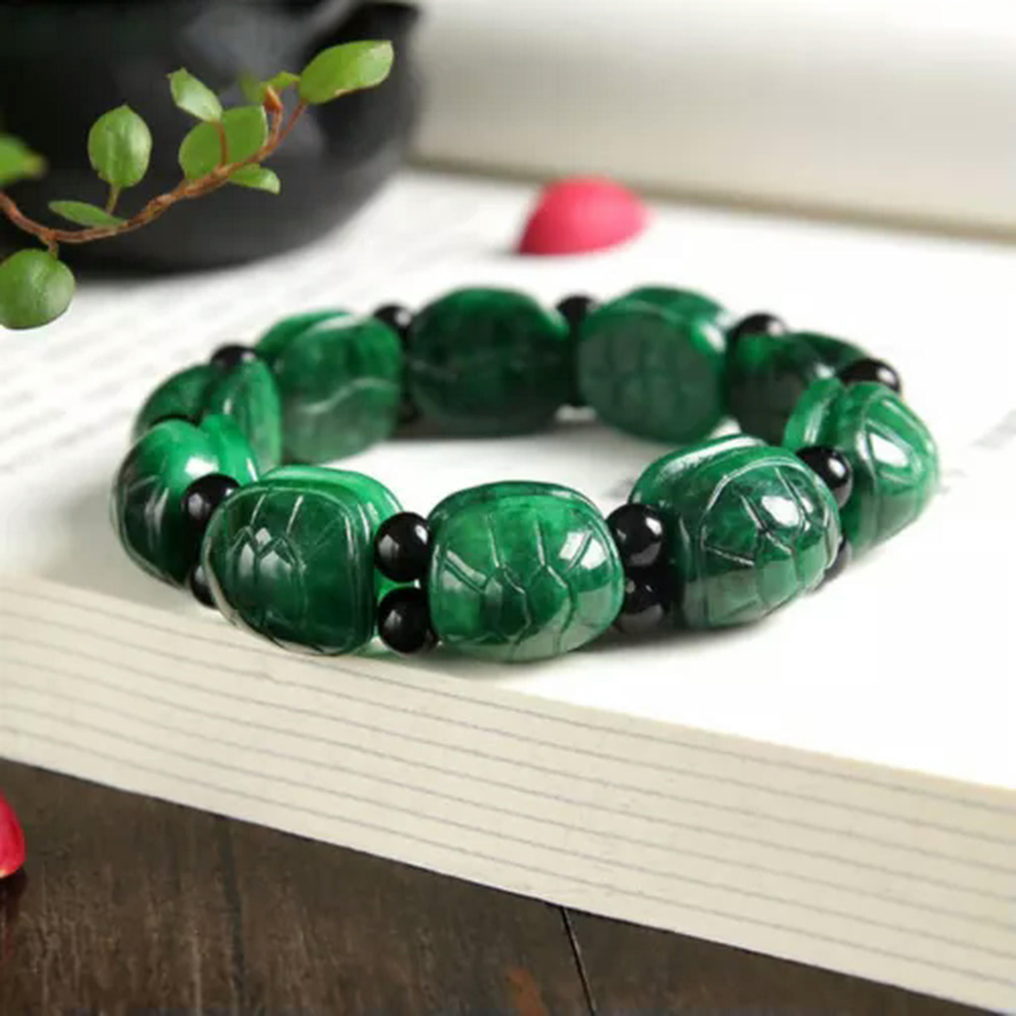 EOEMY Natural Jade Jadeite Bangle Women Lucky Green Turtle Shell Beaded Bracelet