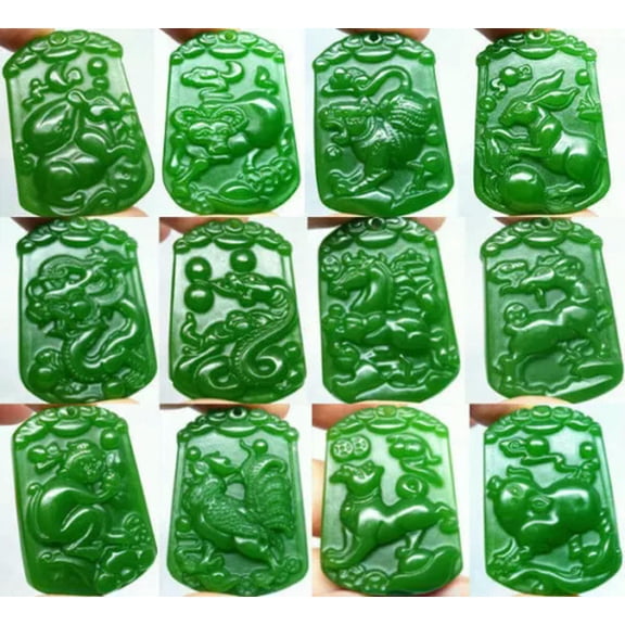 EOEMY Natural Jade Jasper Stone Amulet Statue Green Pendant Necklace Chinese Zodiac-Rabbit