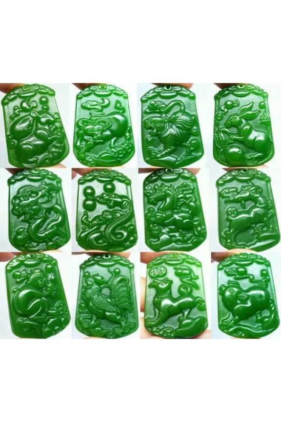 Natural Jade Jasper Stone Amulet Statue Green Pendant Necklace Chinese Zodiac-Rabbit