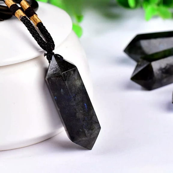 EOEMY Natural Labradorite Moonstone Quartz Crystal Pendant Charm Necklace Reiki Amulet