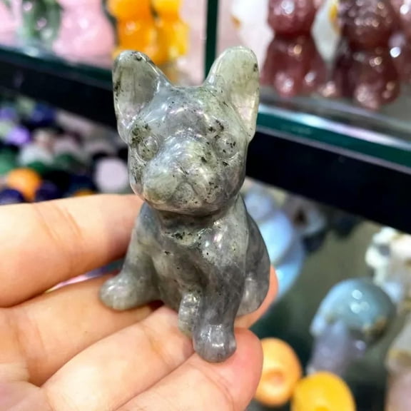 EOEMY Natural Labradorite Quartz Crystal French Bulldog Carved Healing Puppy Sculpture