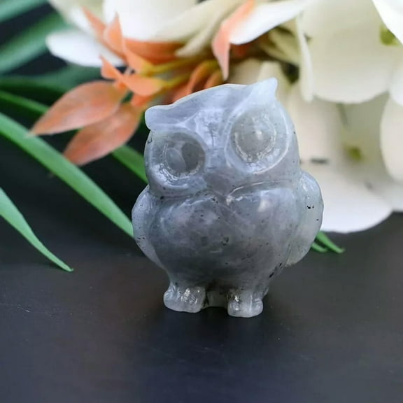 EOEMY Natural Labradorite Stone Quartz Crystal Carved Mini Standing Owl Figurine Decor