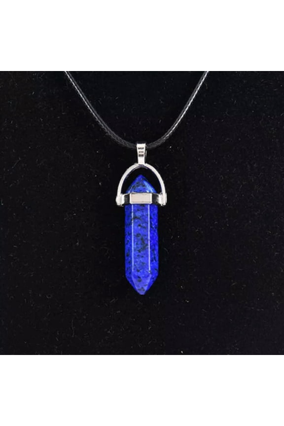 Natural Lapis Lazuli Quartz Crystal Point Wand Pendant Necklace Silver Plated
