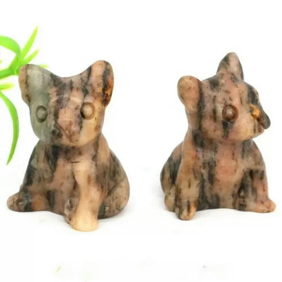 EOEMY Natural Leopard Stone Quartz Crystal French Bulldog Carved Mini Puppy Decor Gift