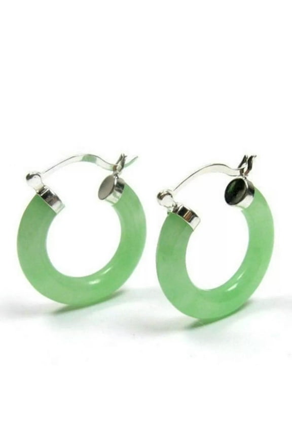 Natural Light Green Jade Donut 925 Sterling Silver Snap Closure Hoop Earrings