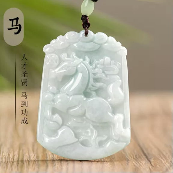 EOEMY Natural Myanmar Light Green Jade Zodiac Pendant Jade Necklace-Horse