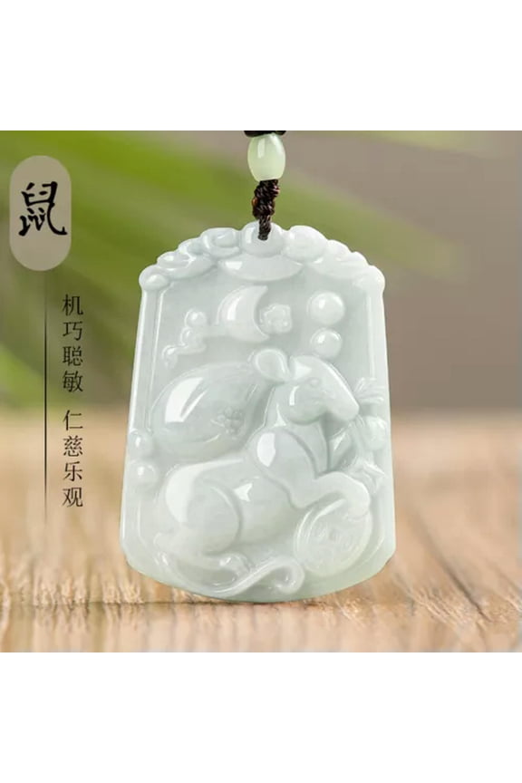 Natural Myanmar Light Green Jade Zodiac Pendant Jade Necklace-Rat