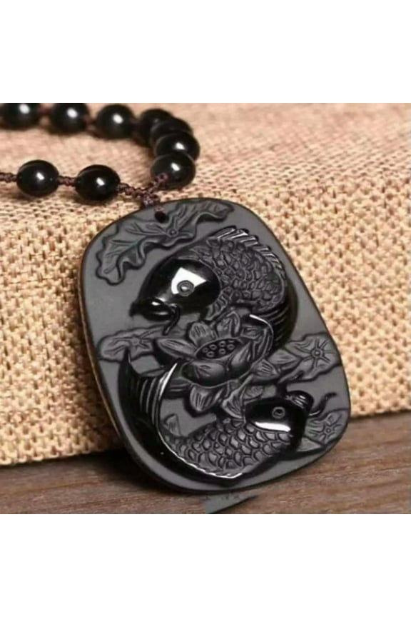 Natural Obsidian Carved Pisces Lucky Amulet Pendant Clavicle Stainless Wedding