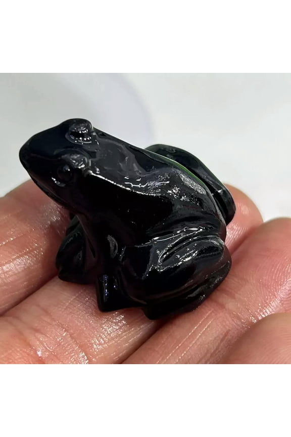 Natural Obsidian Quartz Crystal Gem Carved Frog Sculpture Mini Lucky Charm Decor