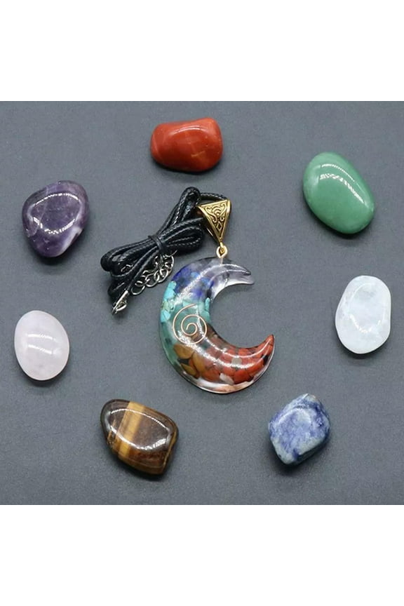 Natural Orgonite 7 Chakra Moon Pendant Reiki Crystal Therapy Stones W/ Gift Box