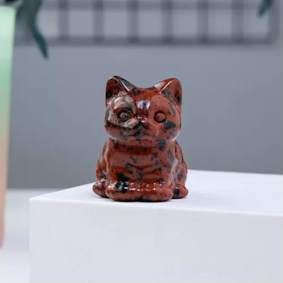 EOEMY Natural Quartz Crystal Carved Lucky Cat Stone Healing Reiki Animal Statue Decor-Red Obsidian Quartz