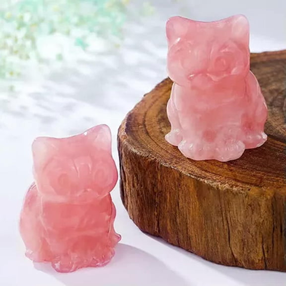 EOEMY Natural Quartz Crystal Carved Lucky Cat Stone Healing Reiki Animal Statue Decor-Rose Quartz