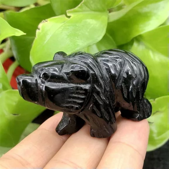 EOEMY Natural Quartz Crystal Carved Polar Bear Gemstone Animal Healing Statue Ornament-Black Obsidian Quartz