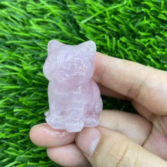 EOEMY Natural Quartz Crystal Hand Carved Lovely Baby Cat Chakra Animal Sculpture Decor-Rose Quartz