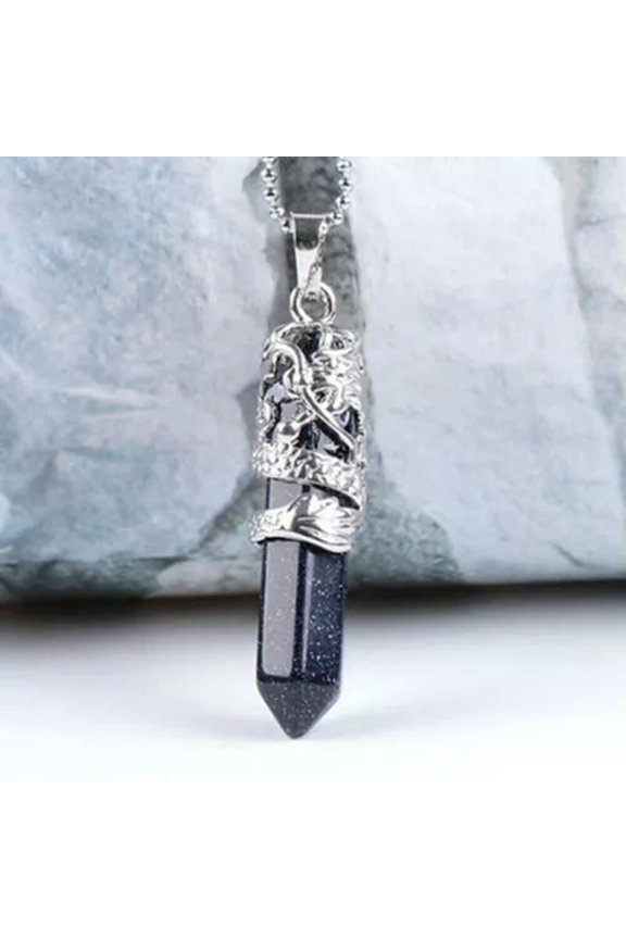 Natural Quartz Crystal Point Column Necklace Hexagonal Gemstone Pendant Amulet-Blue Sandstone Stone-1Pc