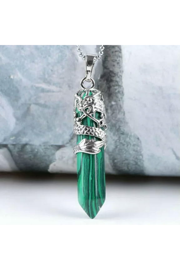 Natural Quartz Crystal Point Column Necklace Hexagonal Gemstone Pendant Amulet-Malachite Quartz Stone-1Pc