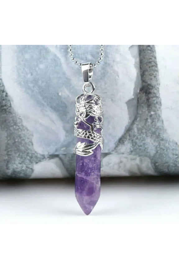 Natural Quartz Stone Pendulum Hexagonal Pendant Crystal Healing Reiki Necklace-Amethyst #3