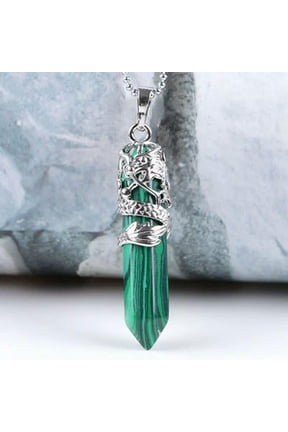 Natural Raw Malachite Quartz Crystal Point Necklace Hexagonal Gemstone Pendants