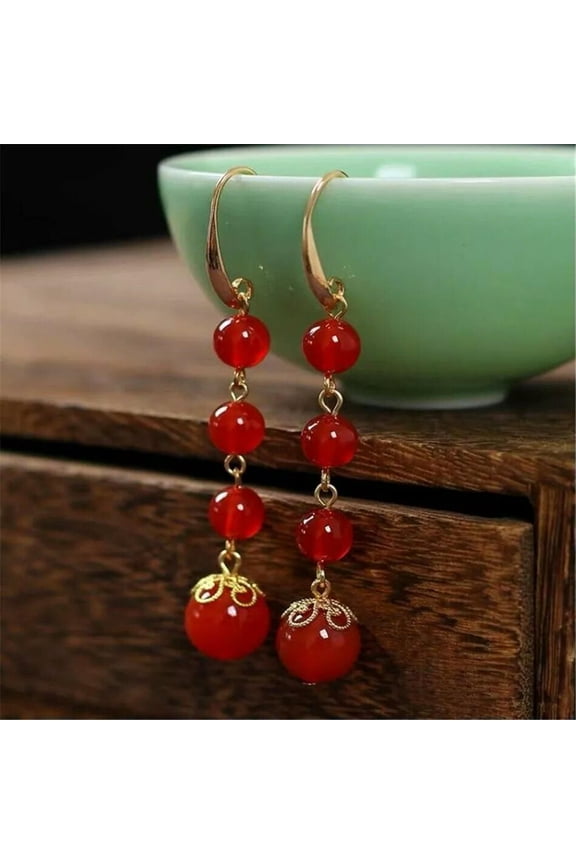 Natural Red Agate Earrings Dangle 18Kgp Chain Ms Gift Beautiful Fool'S Day