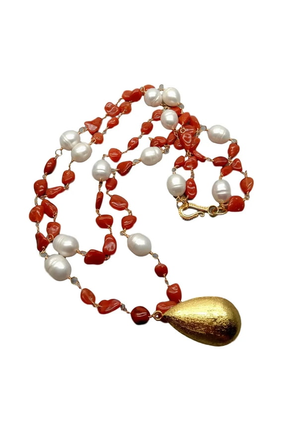 Natural Red Blood Agate Rice Pearl Necklace Teardrop Brushed Gold Plated Pendant