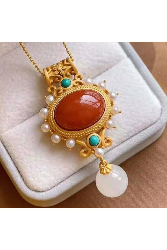 Natural South Red Agate Silver Inlaid Pearl Turquoise Pendant Necklace Collect