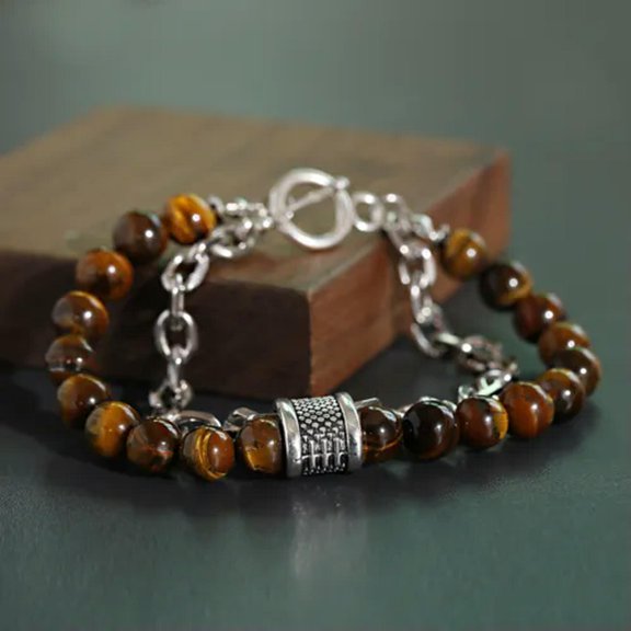 EOEMY Natural Stone Beaded Men Womens Stainless Steel Rolo Cable Link Chain Bracelet-Tiger Eye