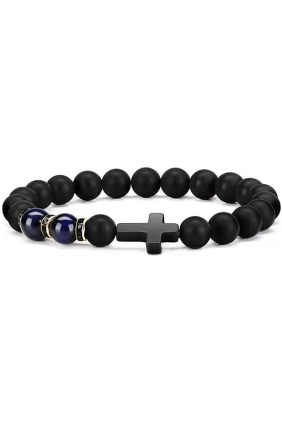 Natural Stone Cross Bracelets Tiger Eye Lava Bead Bangle Men Women Charm Jewelry-Blue Tiger Eye