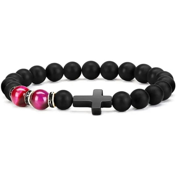 EOEMY Natural Stone Cross Bracelets Tiger Eye Lava Bead Bangle Men Women Charm Jewelry-Pink Tinger Eye