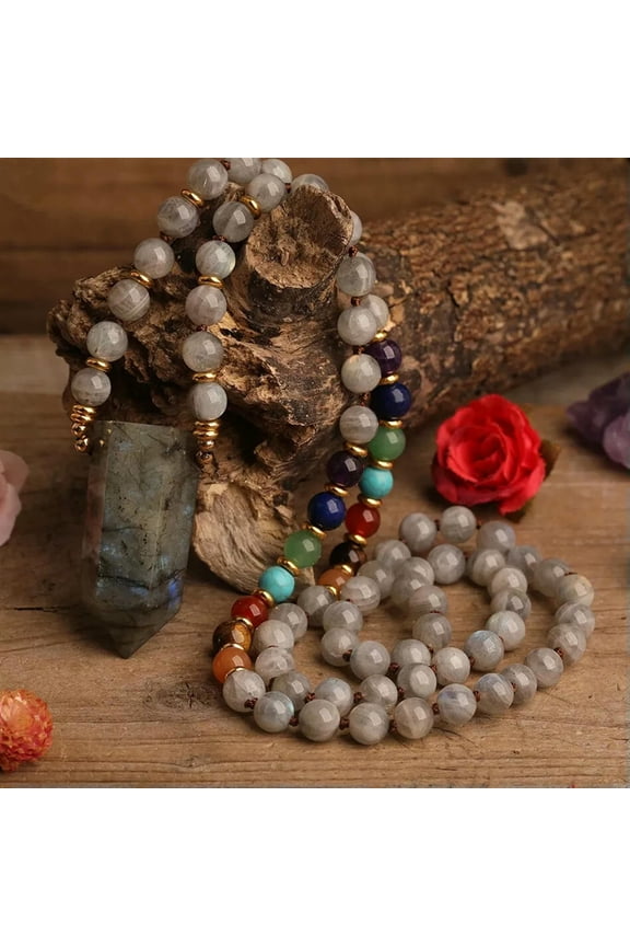 Natural Stone Labradorite Pendant Labradorite 7 Chakra Beads Mala Necklace Lady