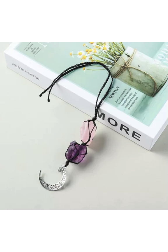 Natural Stone Net Pocket Pendant Reiki Chakra Pendulum Hanging Ornaments Decor-Amethyst+ Rose Quartz-1Pc