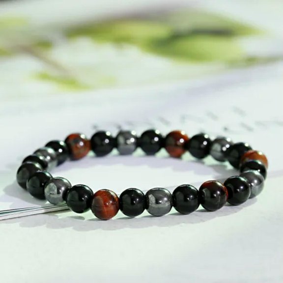 EOEMY Natural Stone Tiger Eye Beaded Bracelet Bangle Stainless Steel Chain Men Gifts-Black+Red Tiger Eye