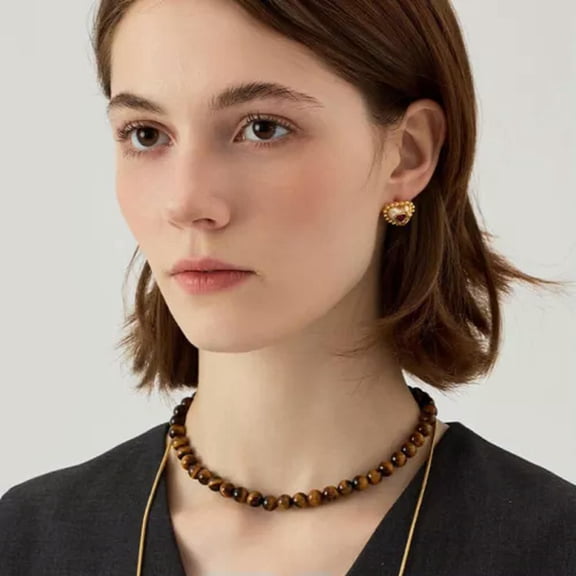 EOEMY Natural Tiger Eye 8mm Round Beaded Healing Protection Women Dainty Boho Necklace