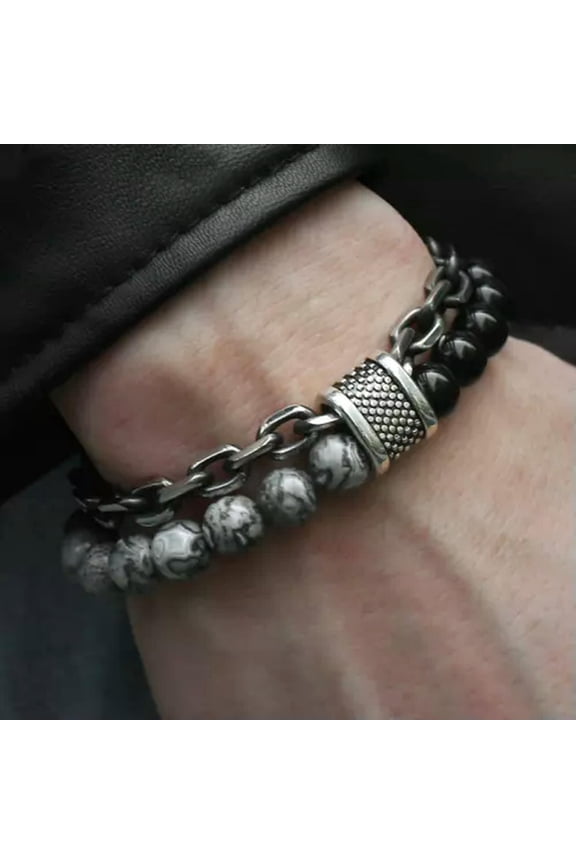 Natural Tiger Eyes Map Stone Beaded Bracelet Men Womens Stainless Steel Bracelet-Black+Map