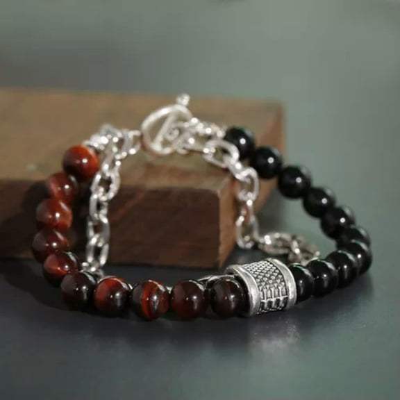 EOEMY Natural Tiger Eyes Map Stone Beaded Bracelet Men Womens Stainless Steel Bracelet-Black+Red Tiger Eye