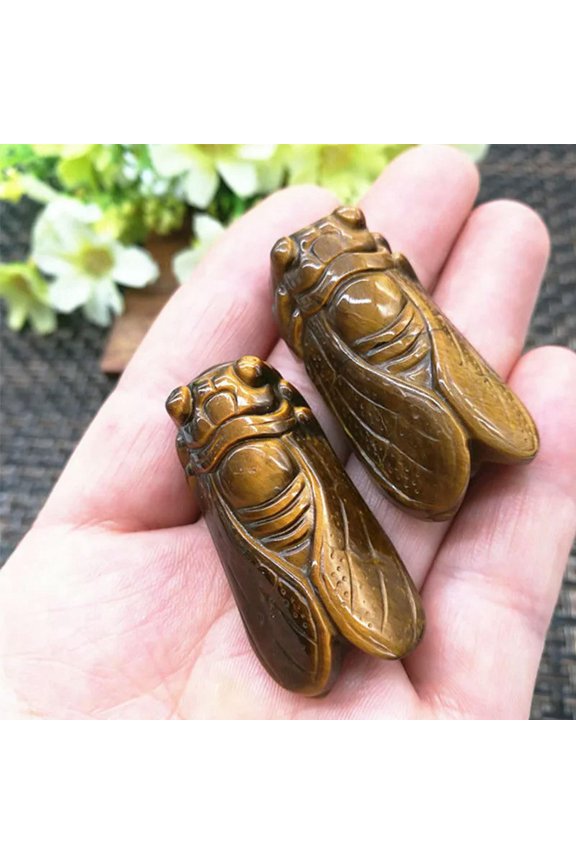 Natural Tiger'S Eye Stone Hand Carved Cicada Quartz Crystal Pendant Gift Healing