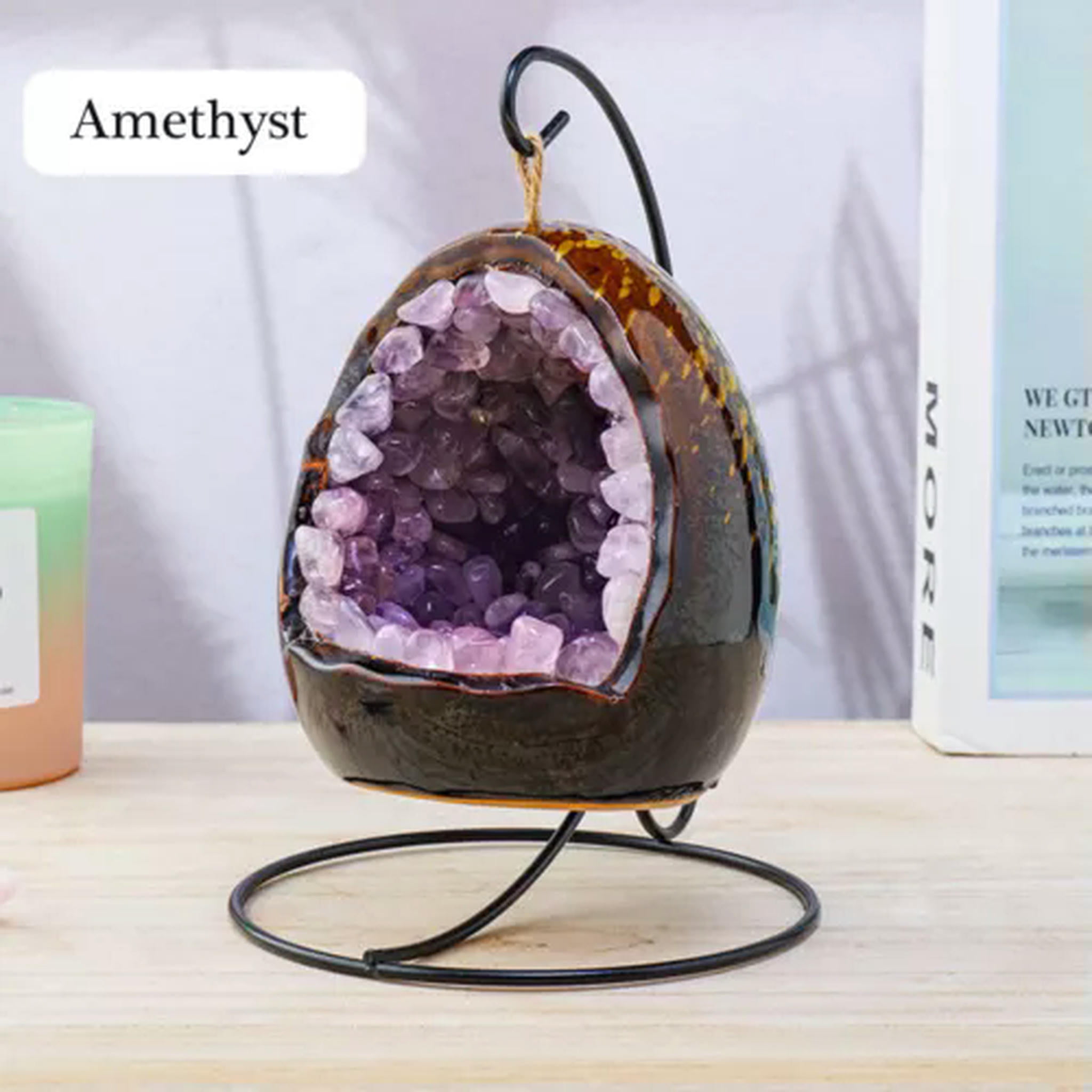 EOEMY Natural Tumbled Crystal Stone Cluster Light Dinosaur Egg Shape Lamp Decorations-Amethyst-1Pc With Holder (Random Pick)