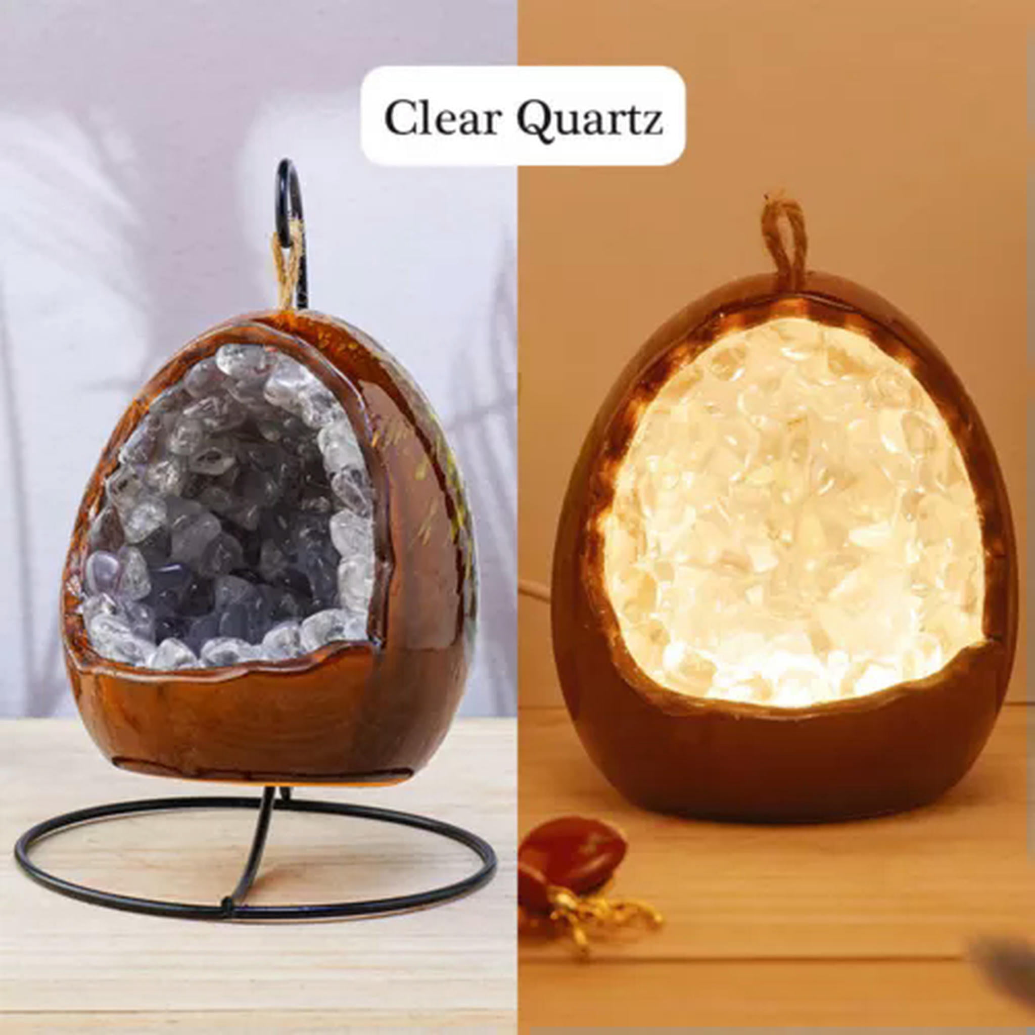 EOEMY Natural Tumbled Crystal Stone Cluster Light Dinosaur Egg Shape Lamp Decorations-Clear Quartz-1Pc With Holder (Random Pick)