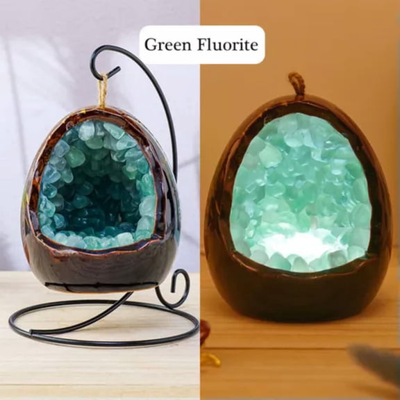EOEMY Natural Tumbled Crystal Stone Cluster Light Dinosaur Egg Shape Lamp Decorations-Green Fluorite-1Pc With Holder (Random Pick)