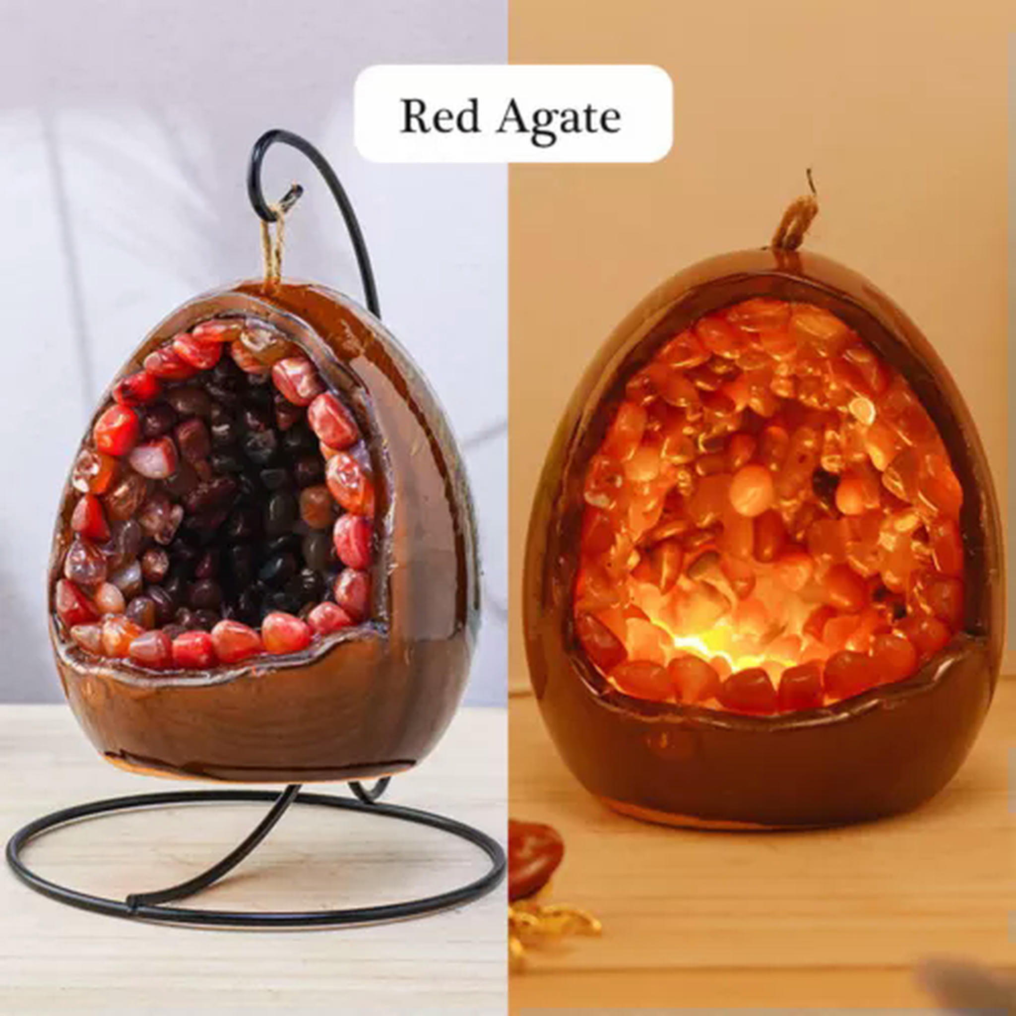 EOEMY Natural Tumbled Crystal Stone Cluster Light Dinosaur Egg Shape Lamp Decorations-Red Agate-1Pc With Holder (Random Pick)