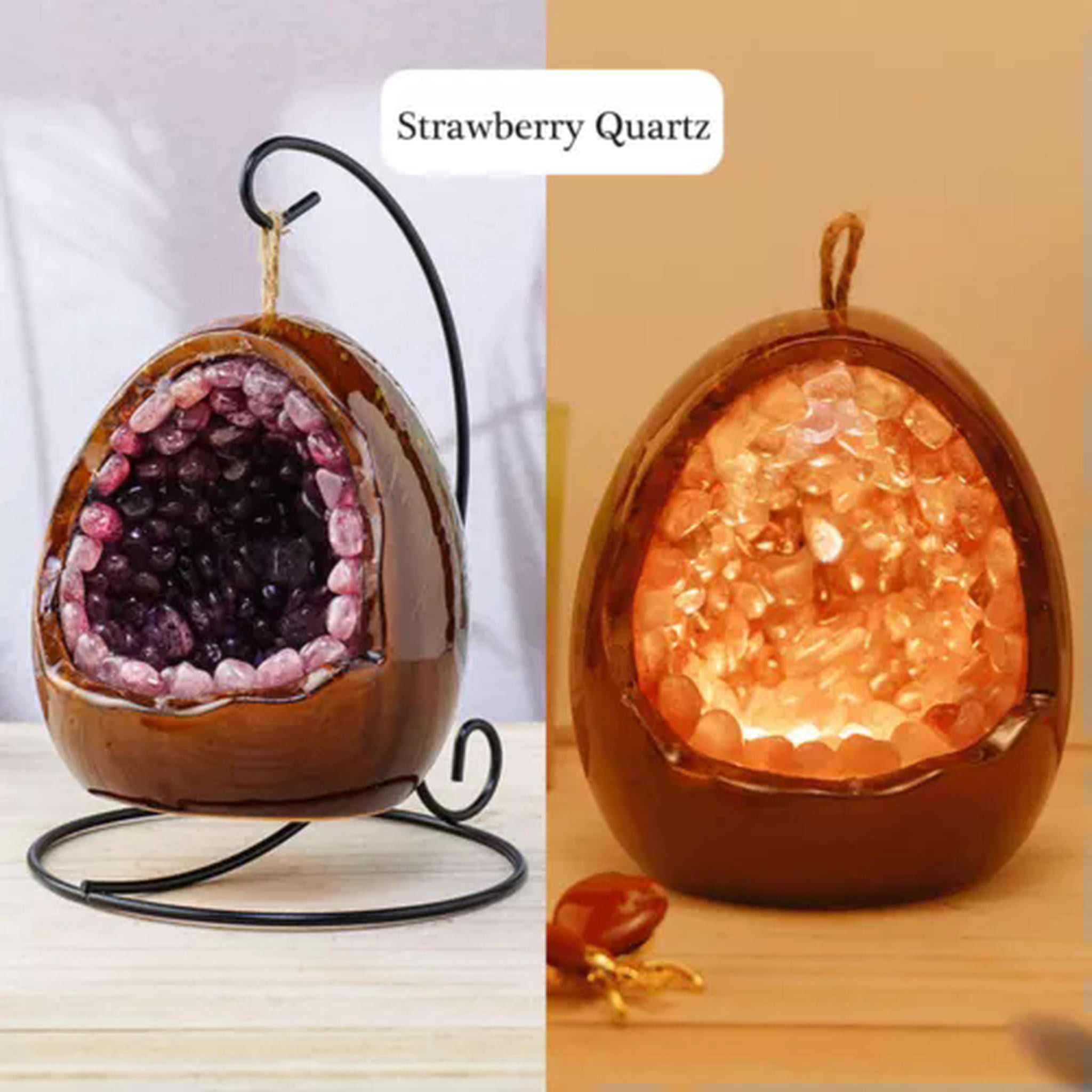 EOEMY Natural Tumbled Crystal Stone Cluster Light Dinosaur Egg Shape Lamp Decorations-Strawberry Quartz-1Pc With Holder (Random Pick)